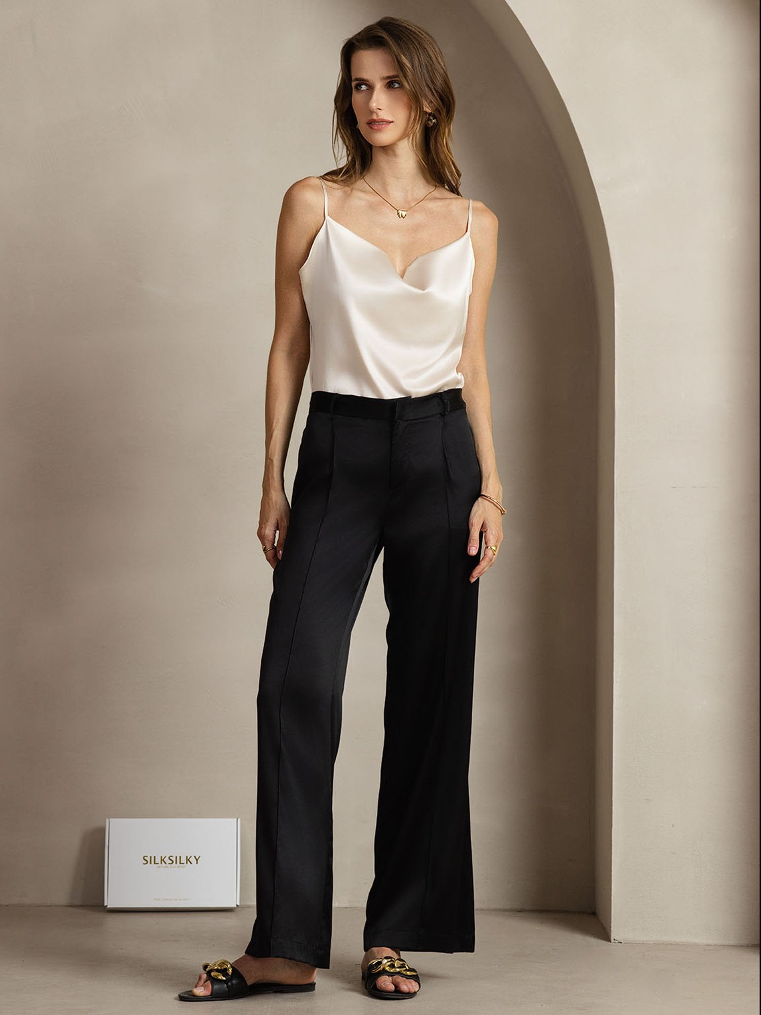 [Svart] SilkSilky-SE 19Momme Silke Womens Pants 003
