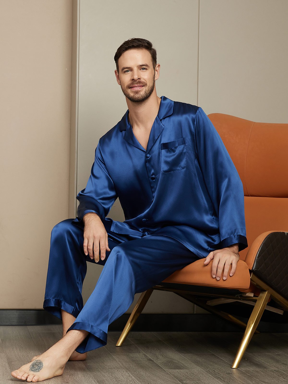 [Mörkblå] SilkSilky-SE Rent Silke Mens Pajamas 003