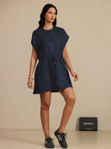 [Mörkblå] SilkSilky-SE 18Momme Kappärm Henley-halsringning Klänning 007