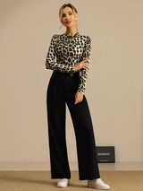 [Leopard] SilkSilky-SE Lång Ärm Mockkrage Dam T-Shirt 008