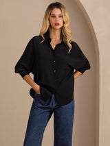 [Svart] SilkSilky-SE Long Sleeve Lapel Collar Damskjorta 001