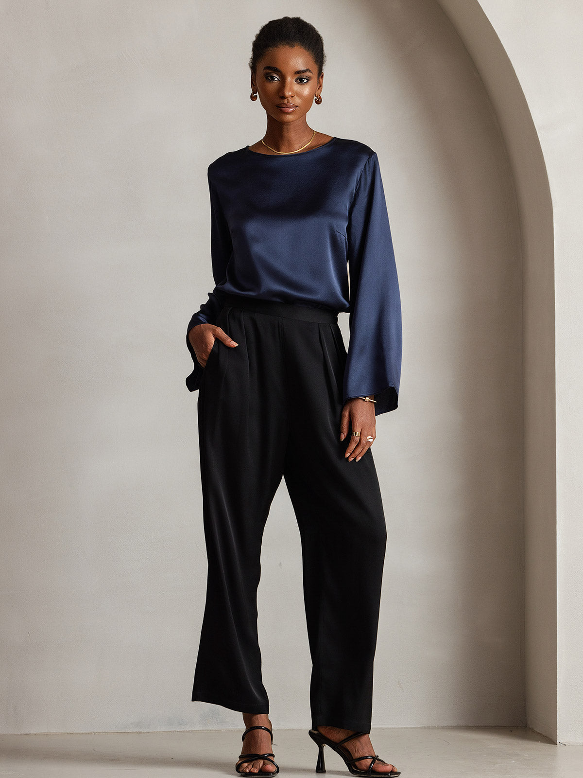 [Mörkblå] SilkSilky-SE 19Momme Silke Womens T-Shirt 007,