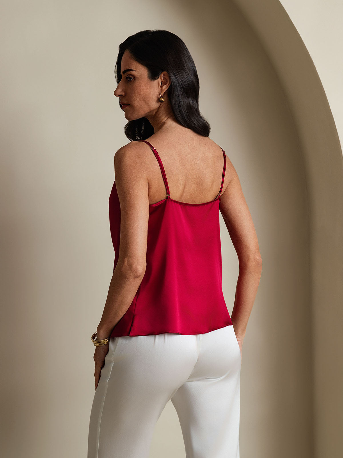 [Vin] SilkSilky-SE 19Momme Spaghetti Rem Cowl Halsringning Cami Toppar 002