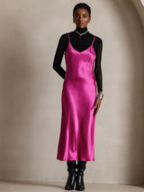 [Rosröd] SilkSilky-SE Spaghetti Strap V Neck Klänning 007