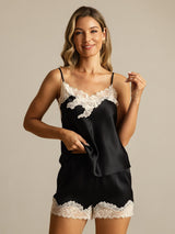 [Svart] SilkSilky-SE Spaghetti Rem V Ringning Camisole Set 003