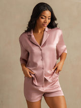 [Persikohud] SilkSilky-SE 19Momme Hårärm Notchkrage Dam Pyjama 003
