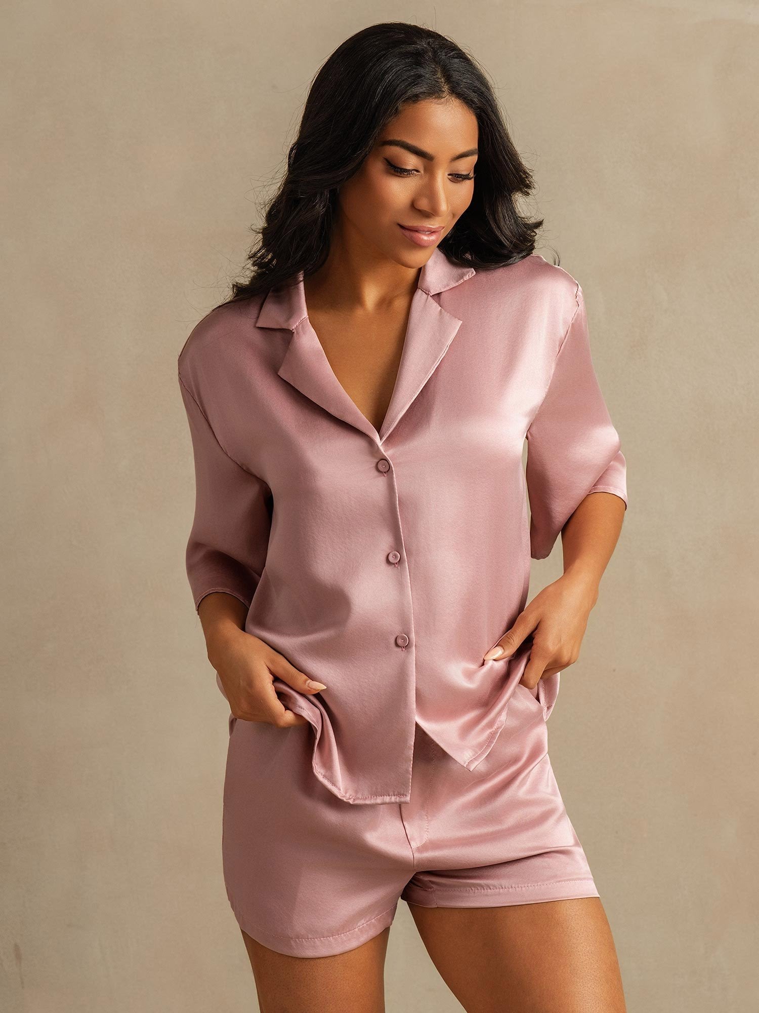 [Persikohud] SilkSilky-SE 19Momme Rent Silke Krage Dam Pyjama 003,