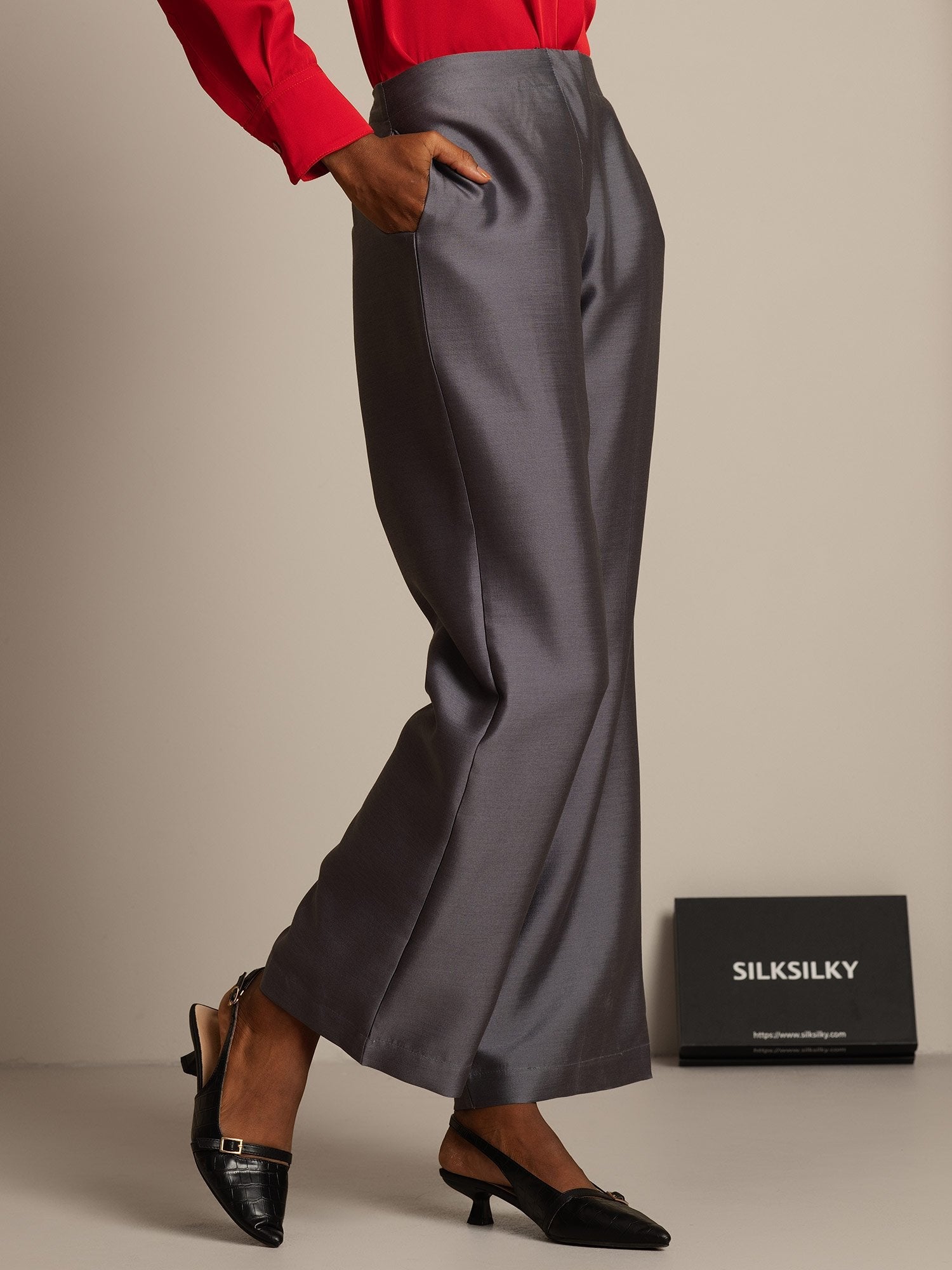 [Grå] SilkSilky-SE 32Momme Silk-Wool Blend Womens Pants 003,