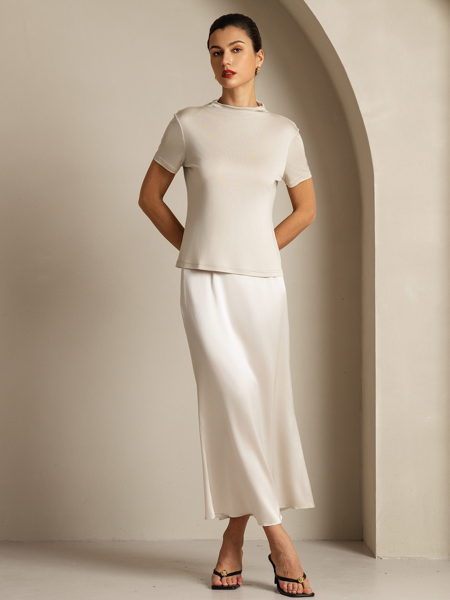 [Grå] SilkSilky-SE Rent Silke Krage Dam T-Shirt 007