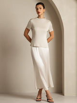 [Grå] SilkSilky-SE 100% Silk Jersey Short Sleeve Mock Neck Dam T-Shirt 007