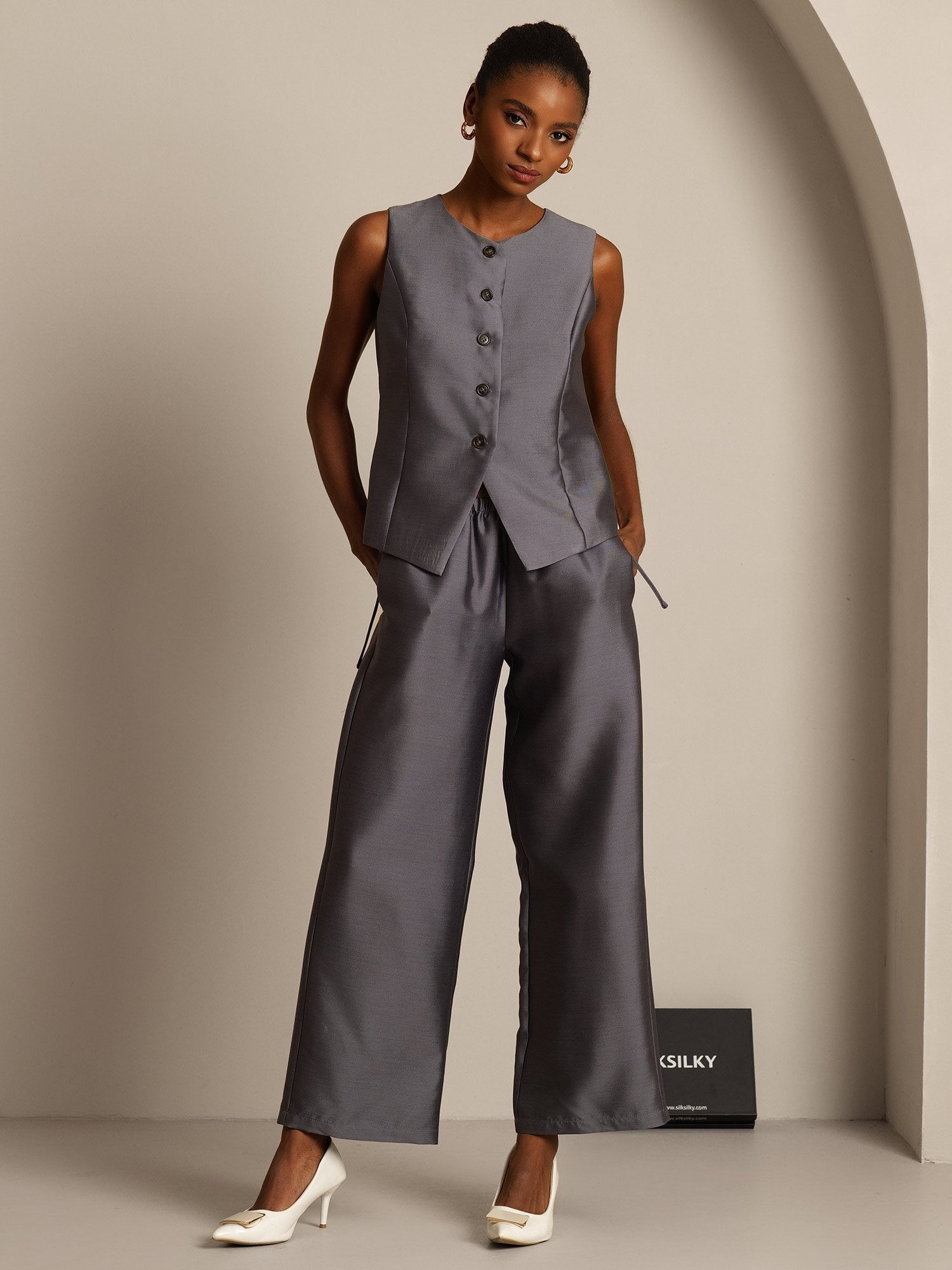 [Grå] SilkSilky-SE 32Momme Silk-Wool Blend Womens Vest 006,