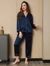 [Mörkblå] SilkSilky-SE Long Sleeve Lapel Collar Dam Pyjama 005