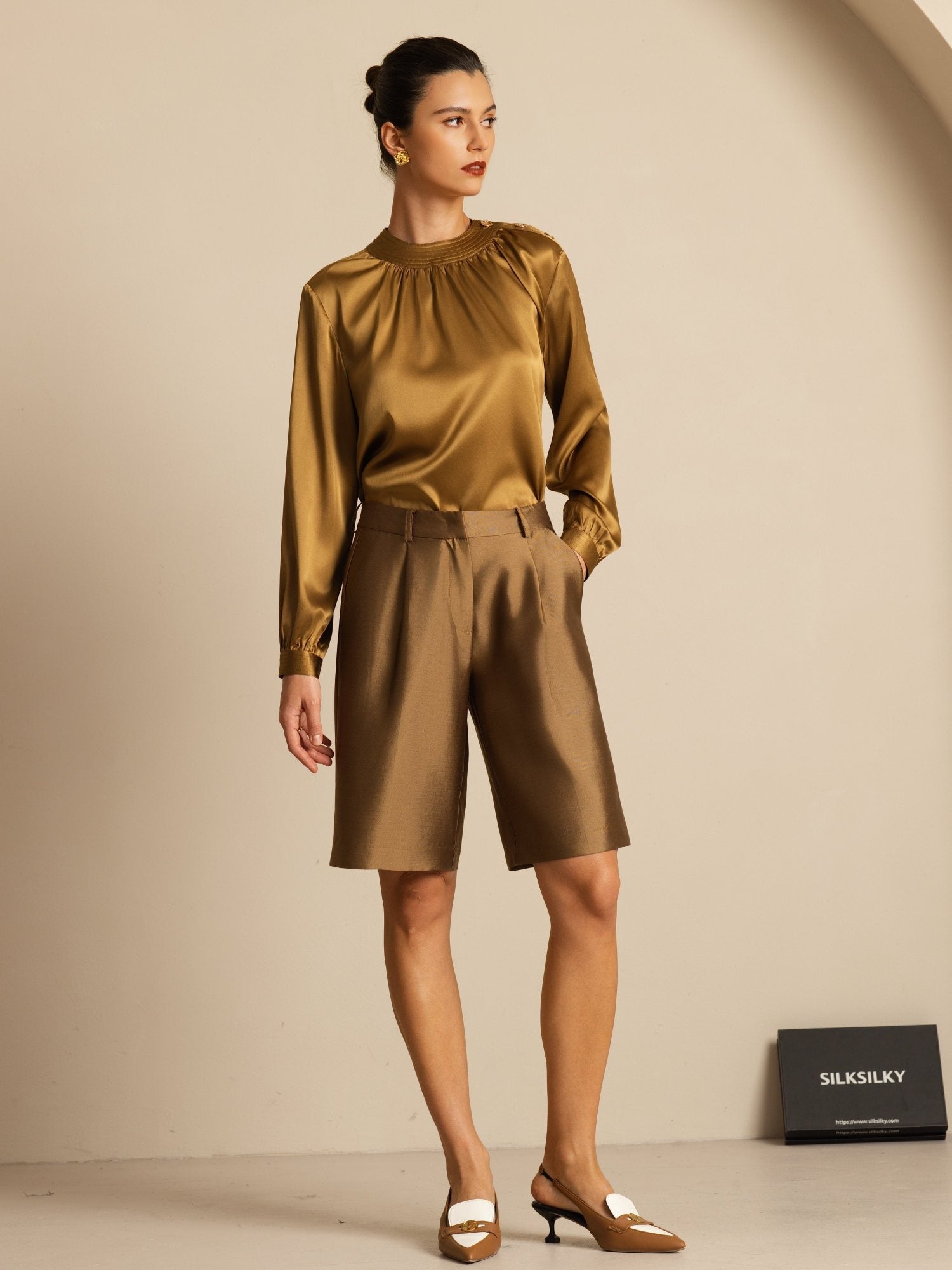 [Brons] SilkSilky-SE 19Momme Silke Lång Ärm Rund Halsringning Blus 007