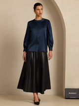 [Mörkblå] SilkSilky-SE 19Momme Long Sleeve Round Neck Blus 008