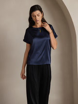 [Mörkblå] SilkSilky-SE 19Momme Kort Ärm Båtringad Dam T-Shirt 003
