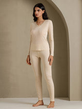 [Beige] SilkSilky-SE Long Sleeve V Neck Dam Långkalsonger 007