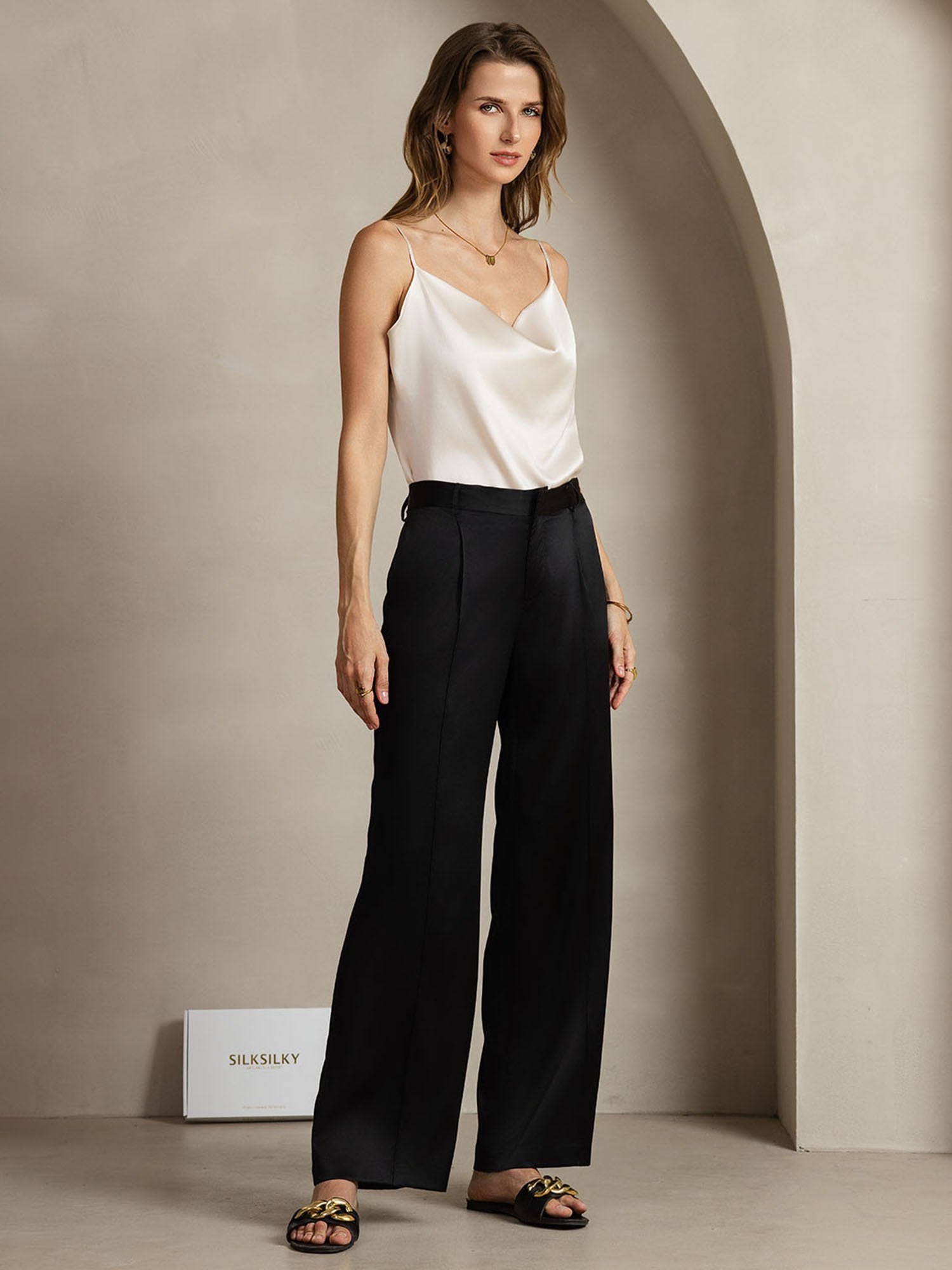 [Svart] SilkSilky-SE 19Momme Silke Womens Pants 005