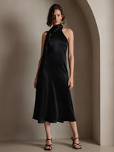 [Svart] SilkSilky-SE 19Momme Stretch Silk Charmeuse Sleeveless Halter Klänning 004