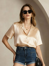 [Champagne] SilkSilky-SE Short Sleeve Lapel Collar Damskjorta 005