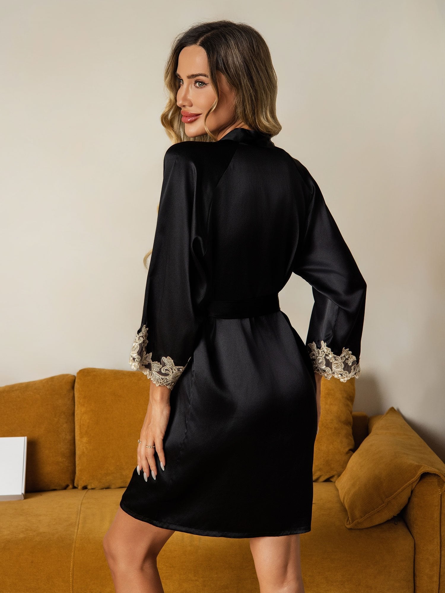 [Svart] SilkSilky-SE Rent Silke Womens Robe 002