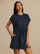 [Mörkblå] SilkSilky-SE 18Momme Kappärm Henley-halsringning Klänning 003