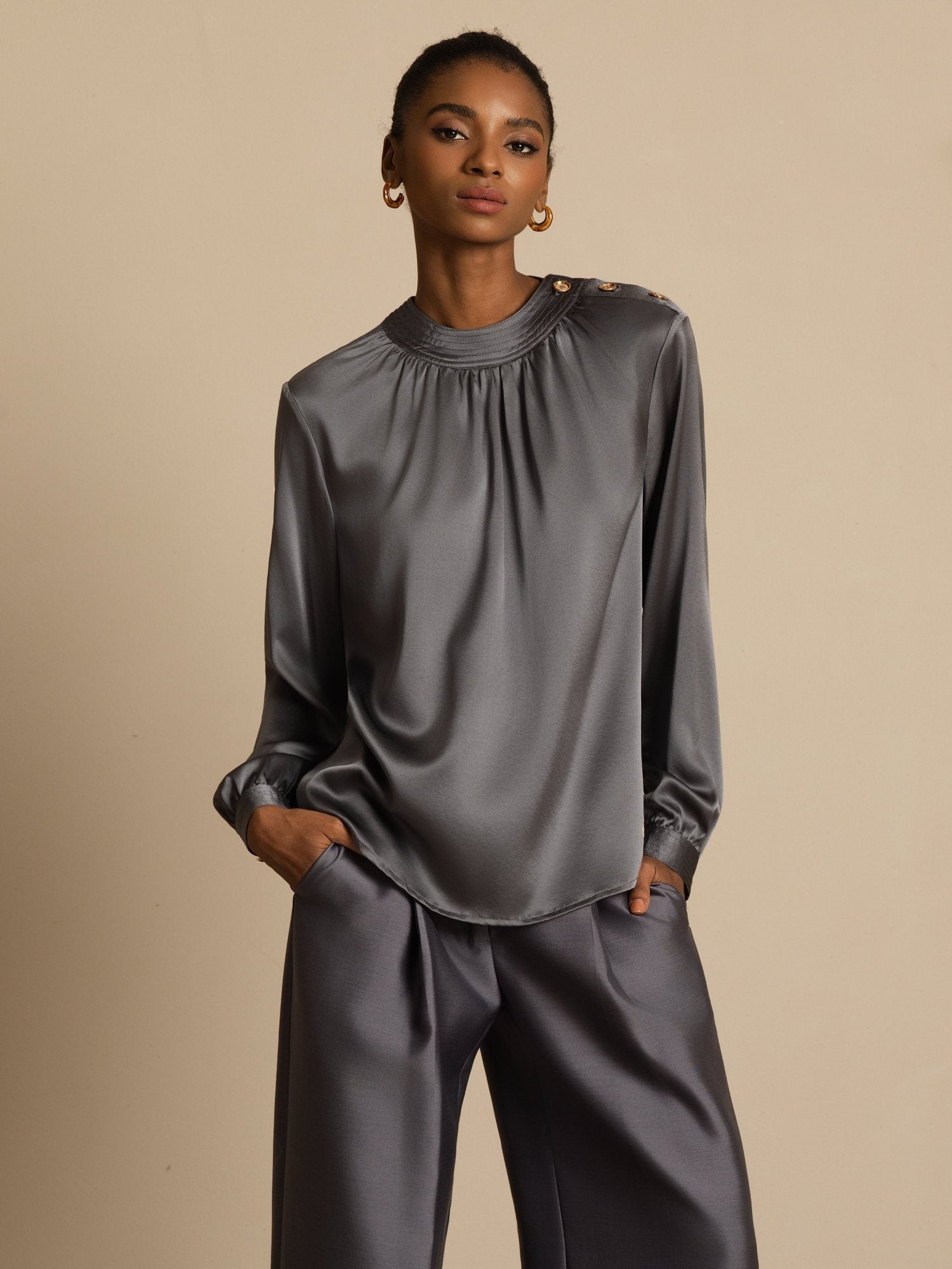 [Mörkgrå] SilkSilky-SE 19Momme Silke Lång Ärm Rund Halsringning Blus 004