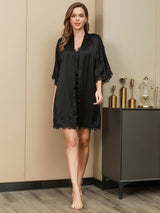 [Svart] SilkSilky-SE Rent Silke Hårärm Nightgown&Robe Set 005
