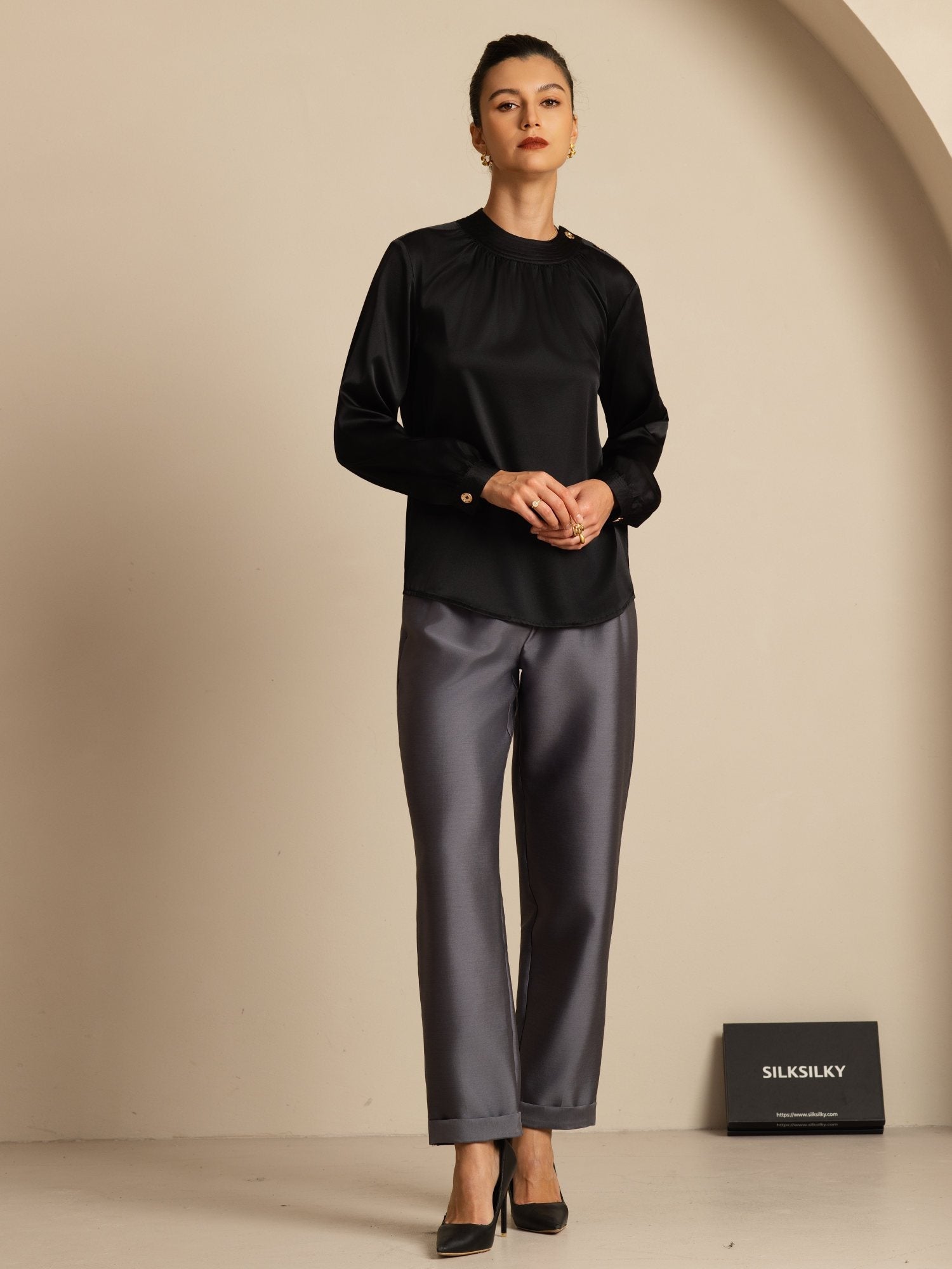 [Svart] SilkSilky-SE 19Momme Silke Lång Ärm Rund Halsringning Blus 007