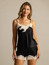 [Svart] SilkSilky-SE Spaghetti Rem V Ringning Camisole Set 001