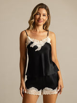 [Svart] SilkSilky-SE Spaghetti Strap V Neck Camisole Set 001