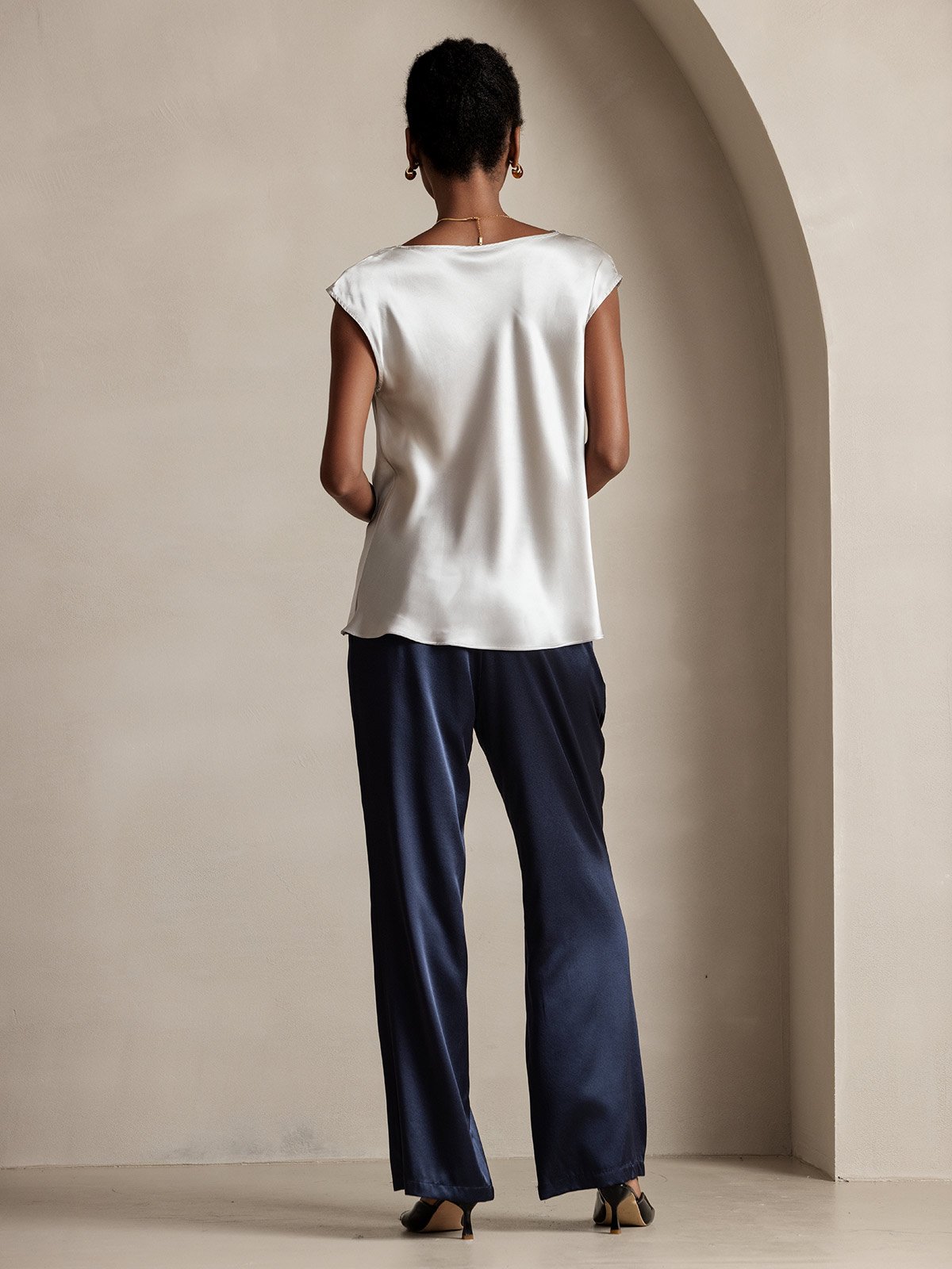 [Ljusgrå] SilkSilky-SE 19Momme Kappärm Cowl Halsringning Dam T-Shirt 002