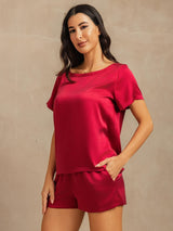 [Vin] SilkSilky-SE 19Momme Kort Ärm Rund Halsringning Dam Pyjama 003