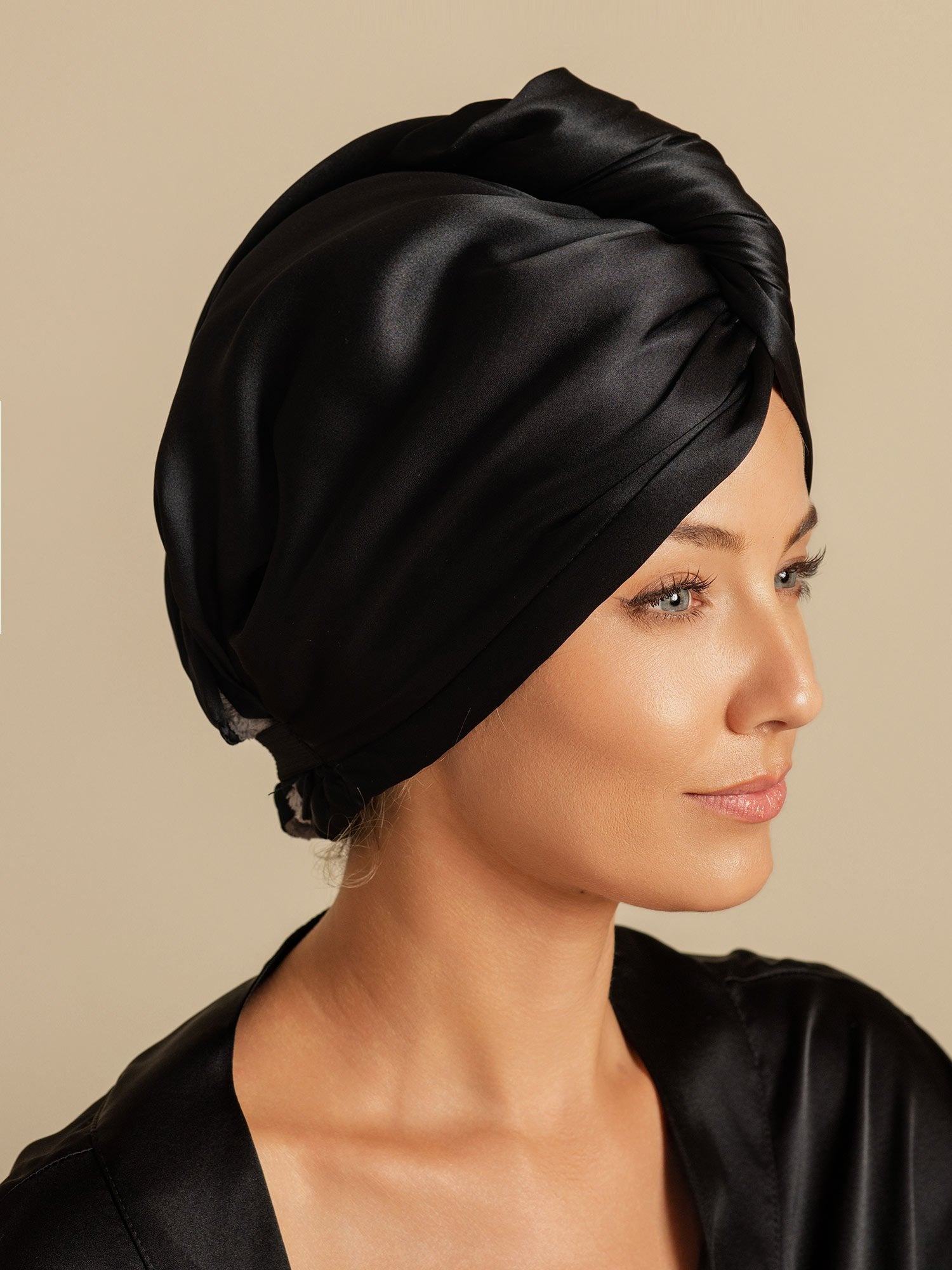 [Svart] SilkSilky-SE Rent Silke Hair Towel Wrap 005,