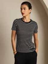 [Svart Rand] SilkSilky-SE Short Sleeve Crewkrage Dam T-Shirt 001