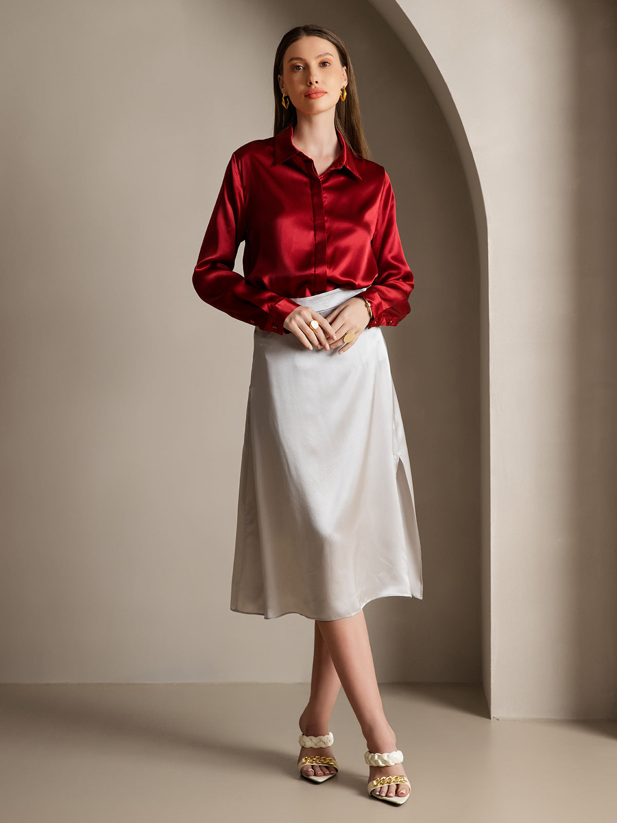 [Vin] SilkSilky-SE 19Momme Silke Lapel Collar Damskjorta 007