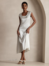 [Vit] SilkSilky-SE Kappärm Scoop Neck Klänning 005