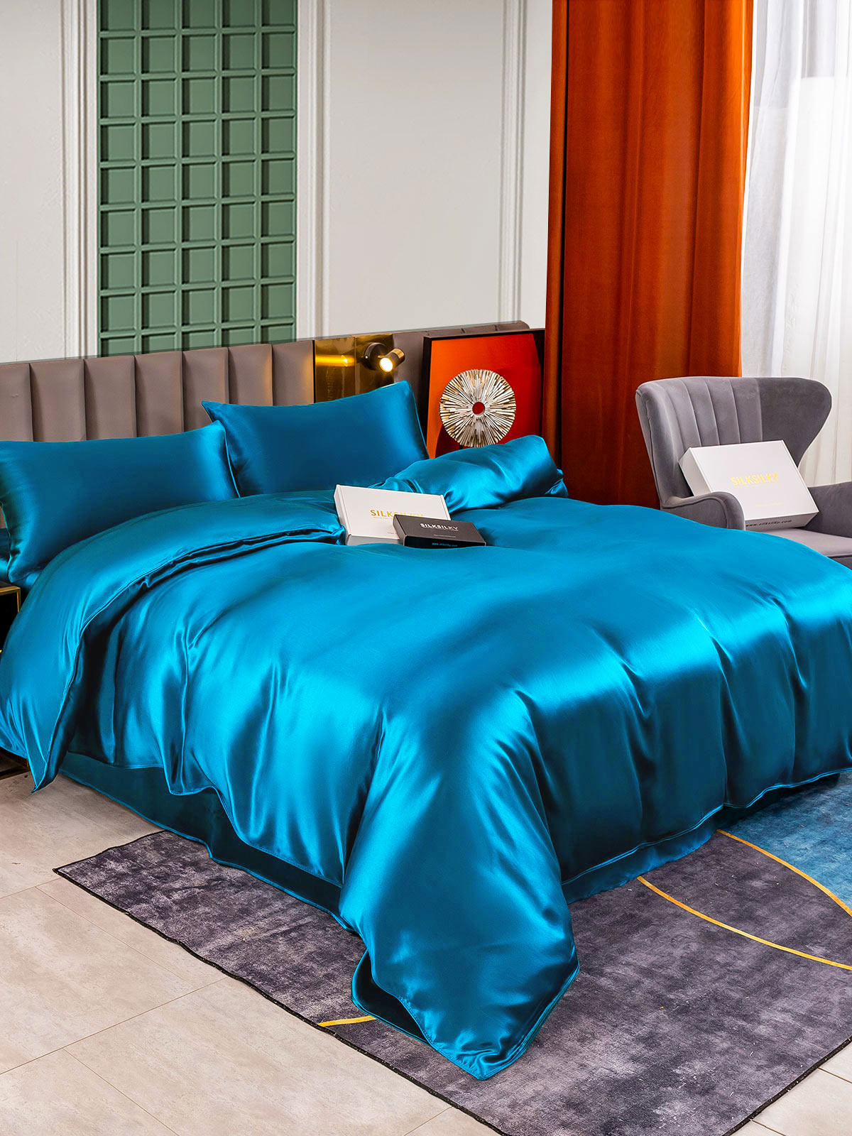 [Kungsblått] SilkSilky-SE 25Momme Rent Silke Bedding Set 004