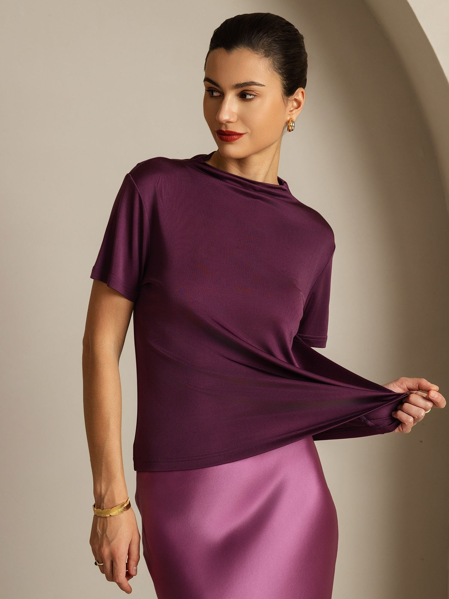[Lila] SilkSilky-SE Rent Silke Krage Dam T-Shirt 001
