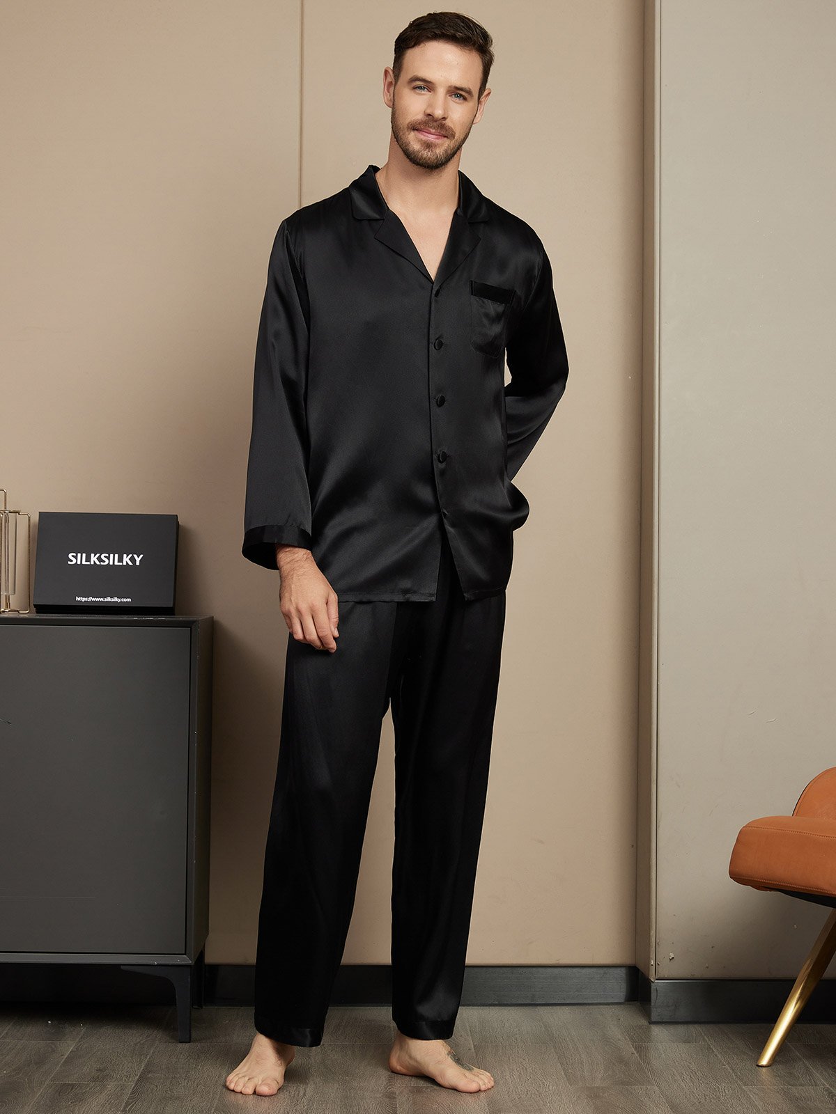 [Svart] SilkSilky-SE Rent Silke Mens Pajamas 005