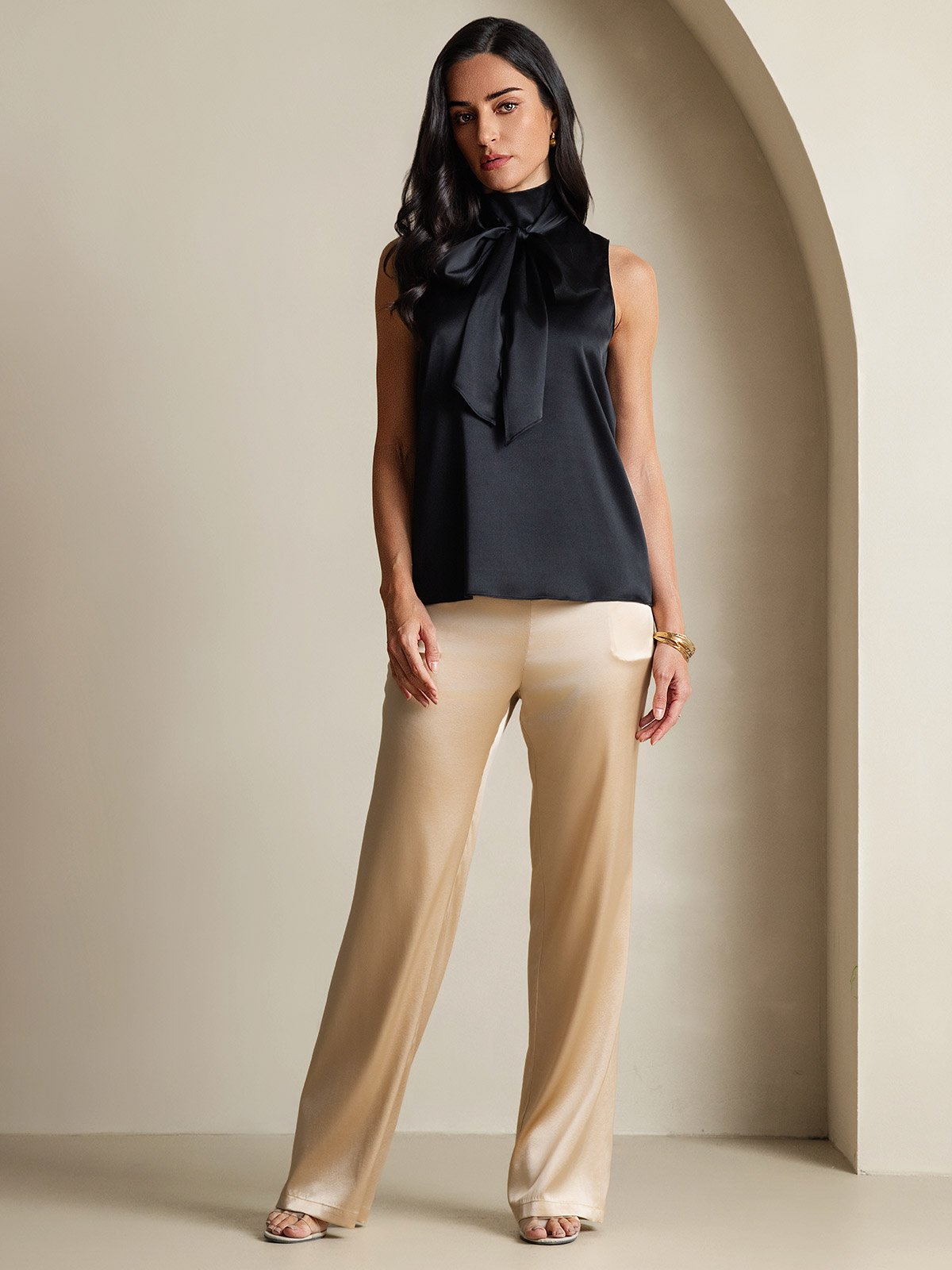SilkSilky-SE 19Momme Silke Binda Hals Damskjorta Svart 009