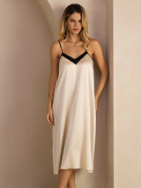 [Risbeige] SilkSilky-SE Spaghetti Strap V Neck Klänning 001