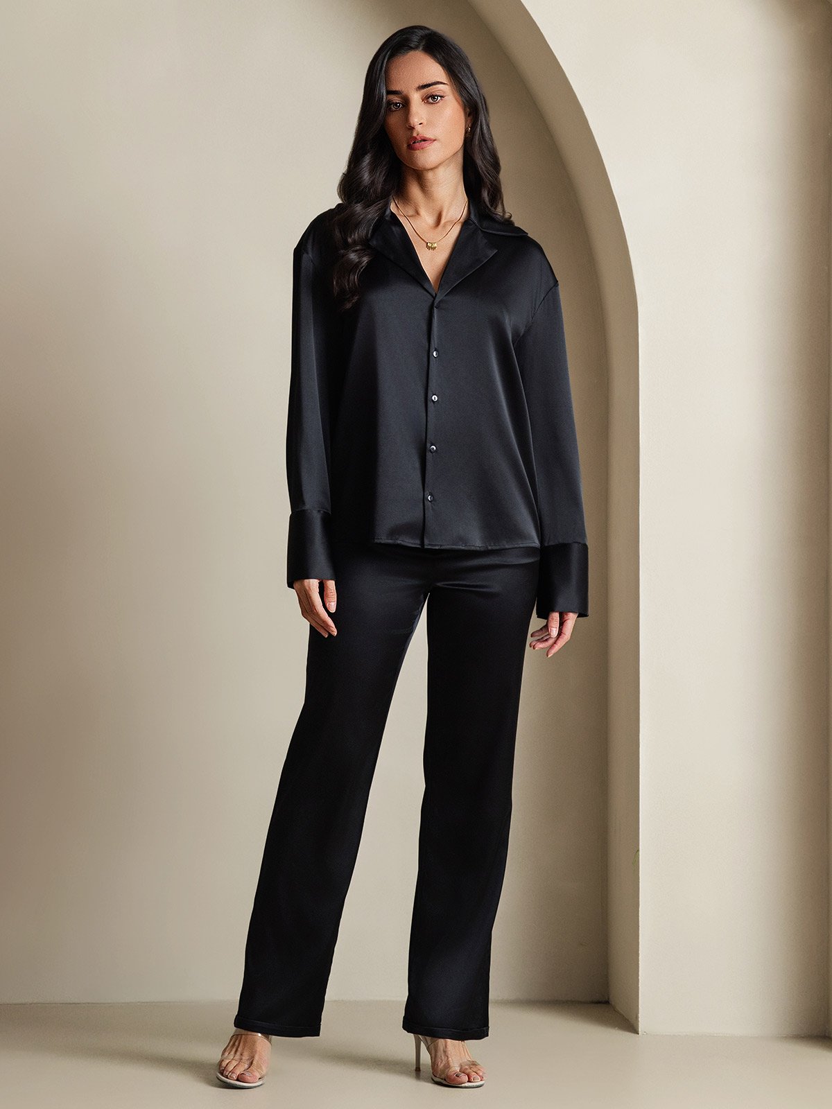[Svart] SilkSilky-SE 19Momme Silke Womens Shirt 006