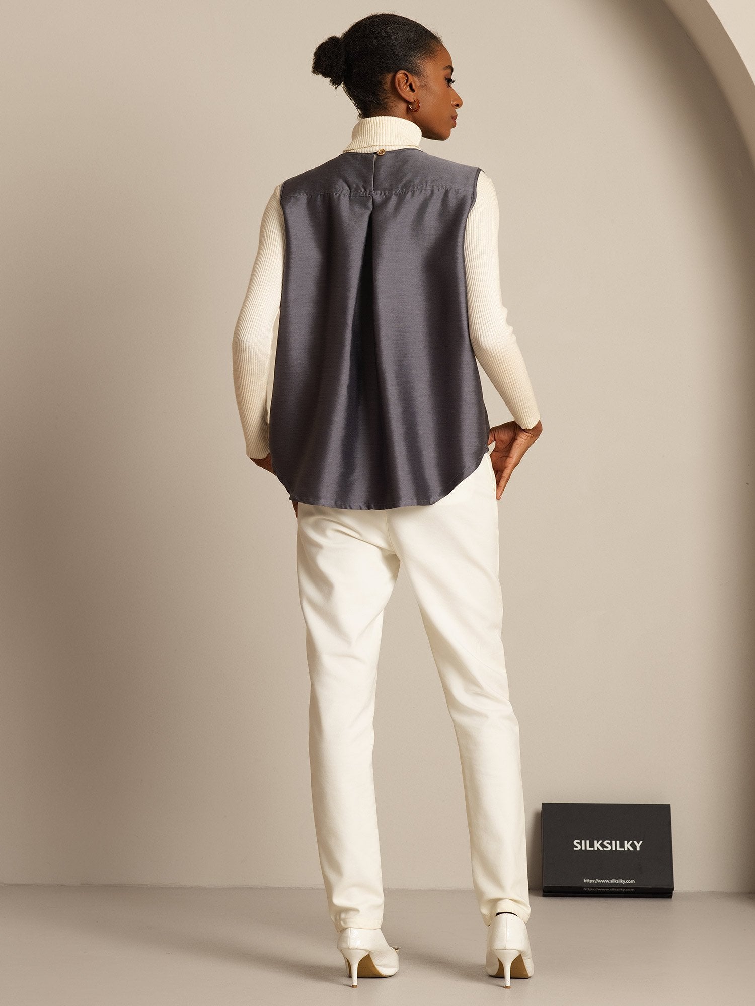 [Grå] SilkSilky-SE 32Momme Silk-Wool Blend Womens Vest 002,