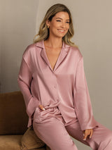 [Persikohud] SilkSilky-SE 19Momme Lång Ärm Notchkrage Dam Pyjama 008