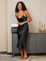 [Svart] SilkSilky-SE Spaghetti Strap V Neck Nattlinne 002