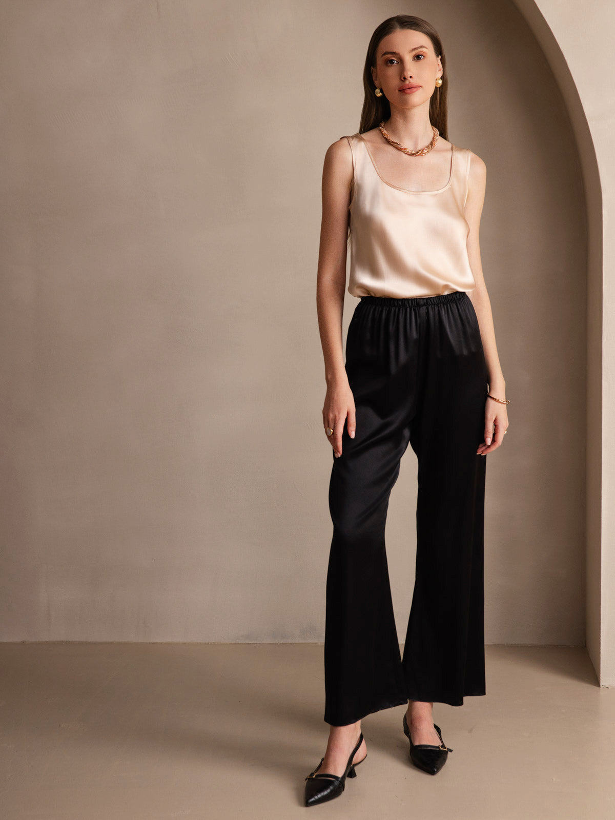 [Champagne] SilkSilky-SE 19Momme Ärmlös Djup Rund Halsringning Cami Toppar 008