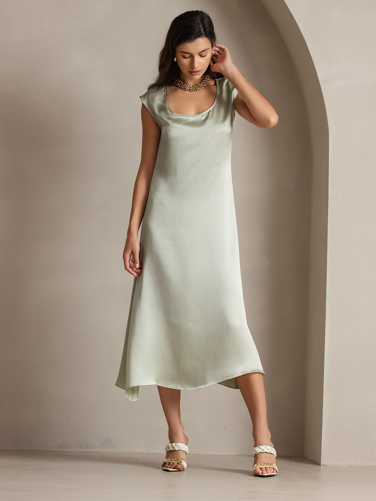 SilkSilky-SE 19Momme Silke Ärmlös Dress Ljusgrön 003