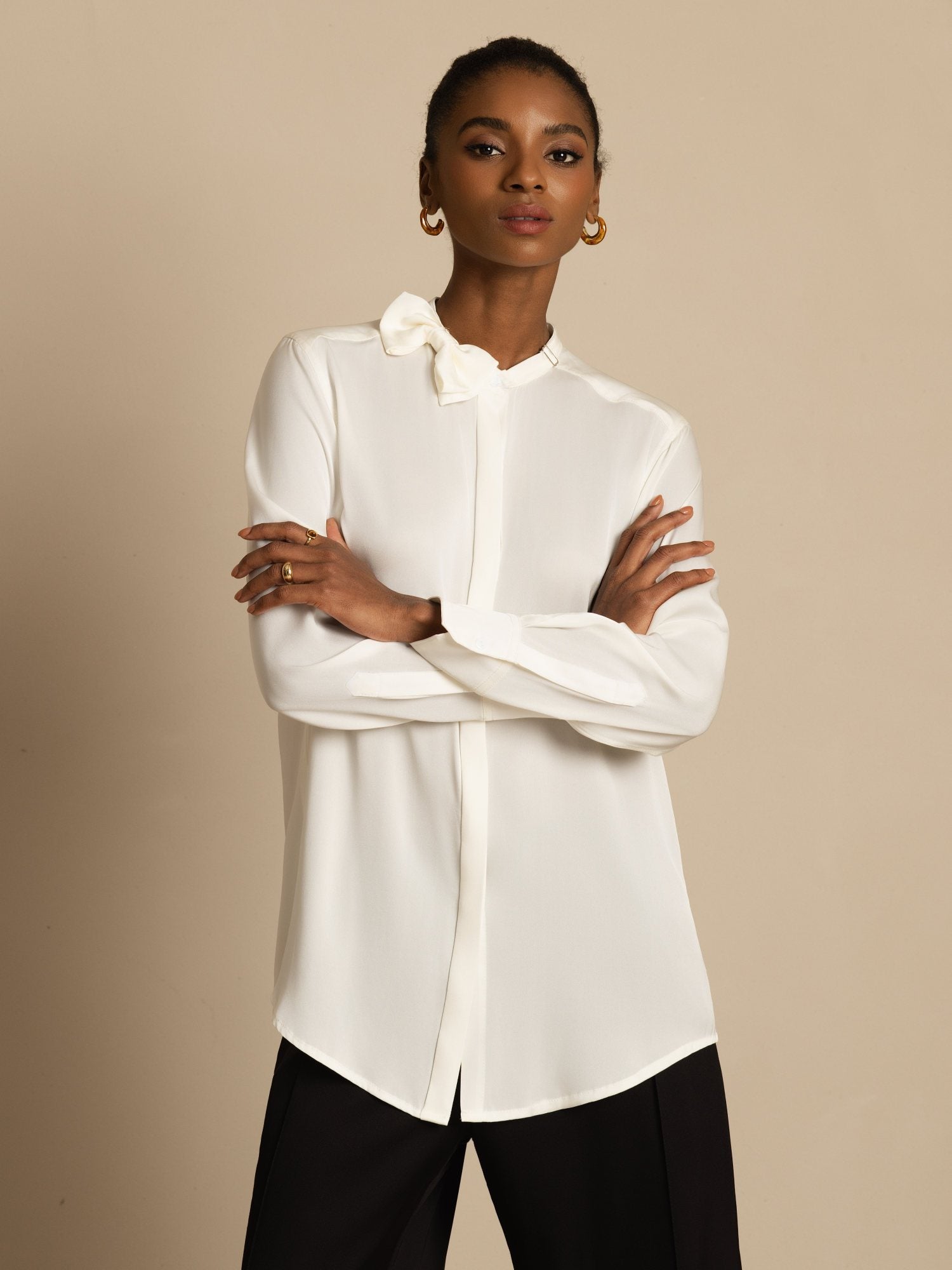 [Vit] SilkSilky-SE 19Momme Silke Lång Ärm Ståkrage Blus 003