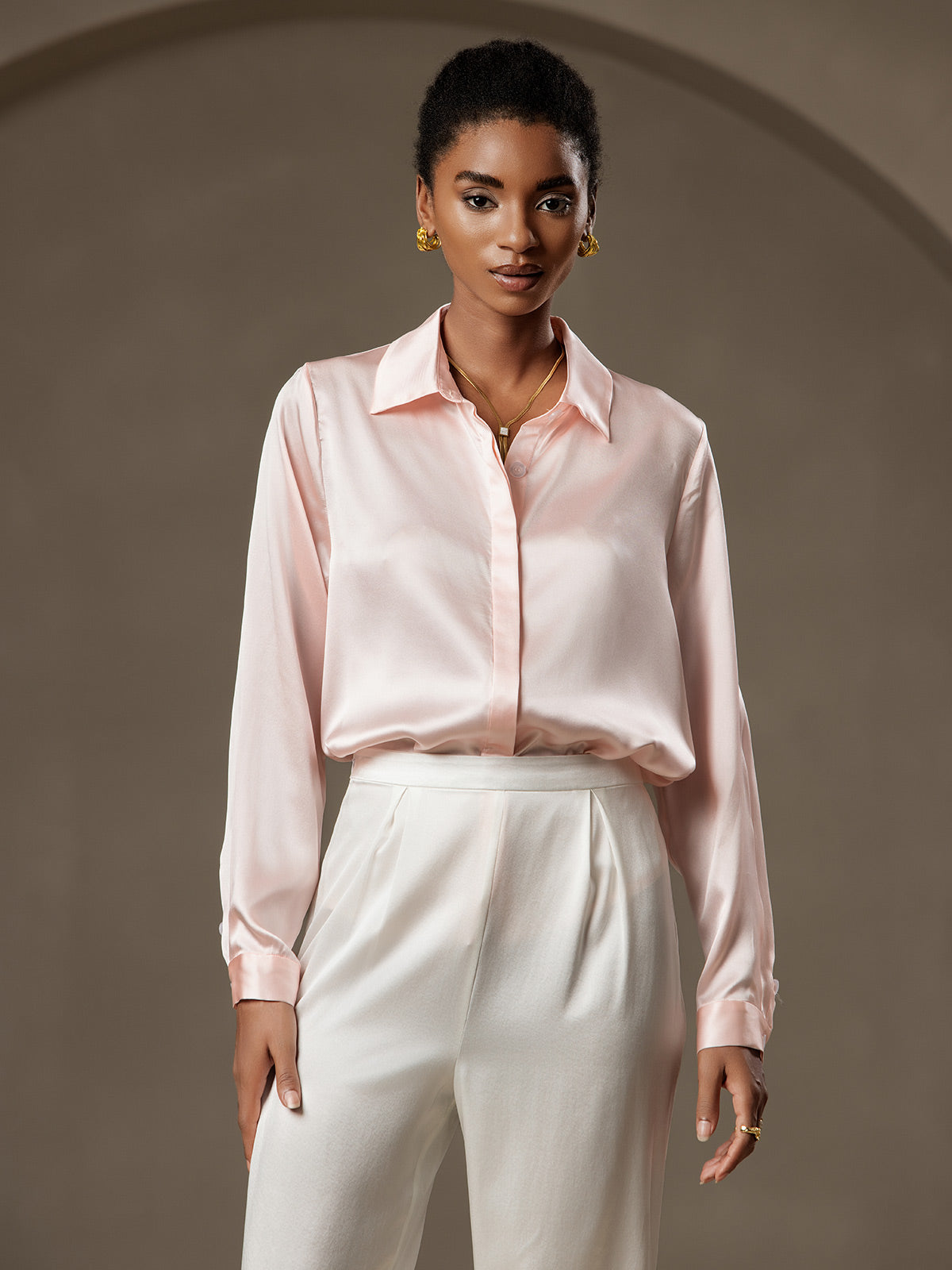 [Rosa] SilkSilky-SE 19Momme Silke Lapel Collar Damskjorta 005