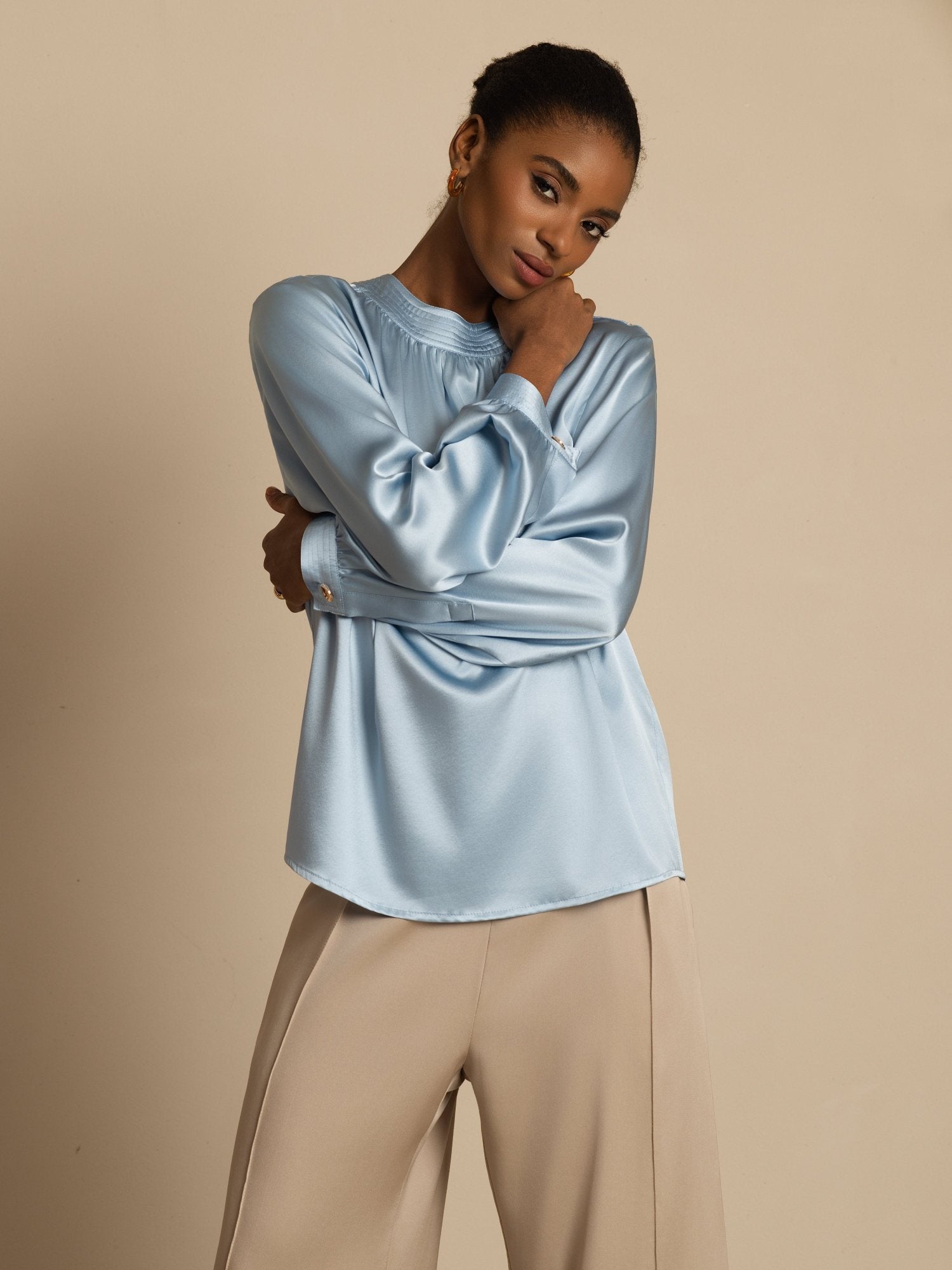 [Gråblå] SilkSilky-SE 19Momme Silke Lång Ärm Rund Halsringning Blus 005